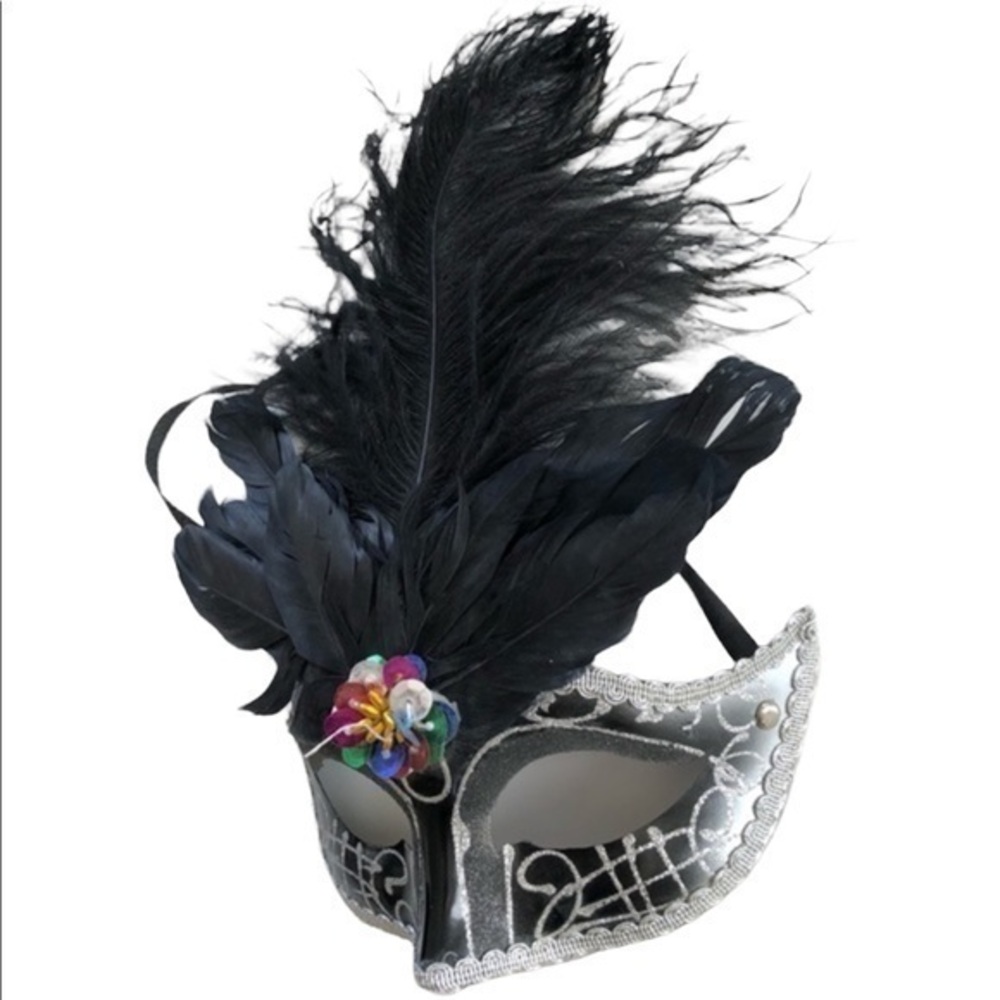 Masquerade Mask Black & Silver with Feathers